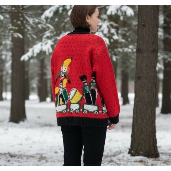VTG 90s Talbots Womens Large Christmas Toy Train Hand Knit Red Cardigan Sweater - Picture 3 of 12